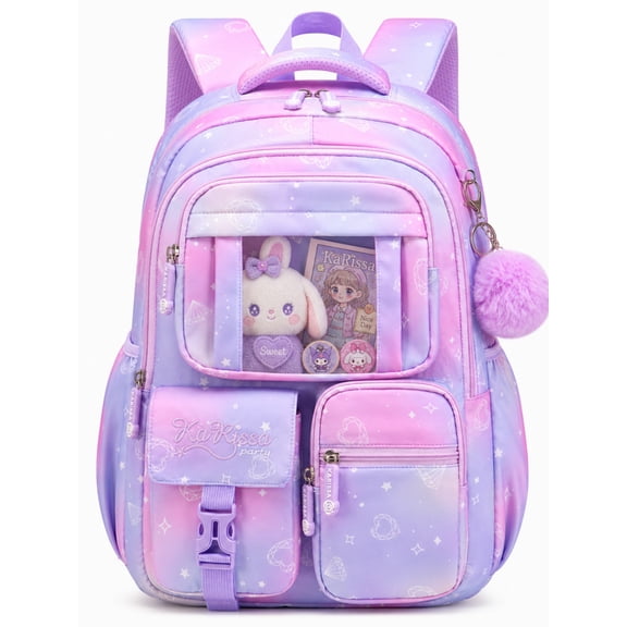 MEHOOM Girls Backpack for School, Kids Bookbag for Girls, Kawaii School Bag with Clear Display Pocket, Large Capacity Elementary Middle School Backpack, Purple Gradient