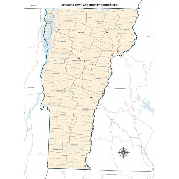 Wall Art Impressions 24x33in Poster Vermont County Map with Town and County Boundaries [Plain Paper]