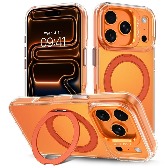 DUEDUE Magnetic iPhone 17 Pro Max Case With Stand, Compatible with MagSafe, Built-In Camera Kickstand Shockproof Case for iPhone 17 Pro Max, Orange
