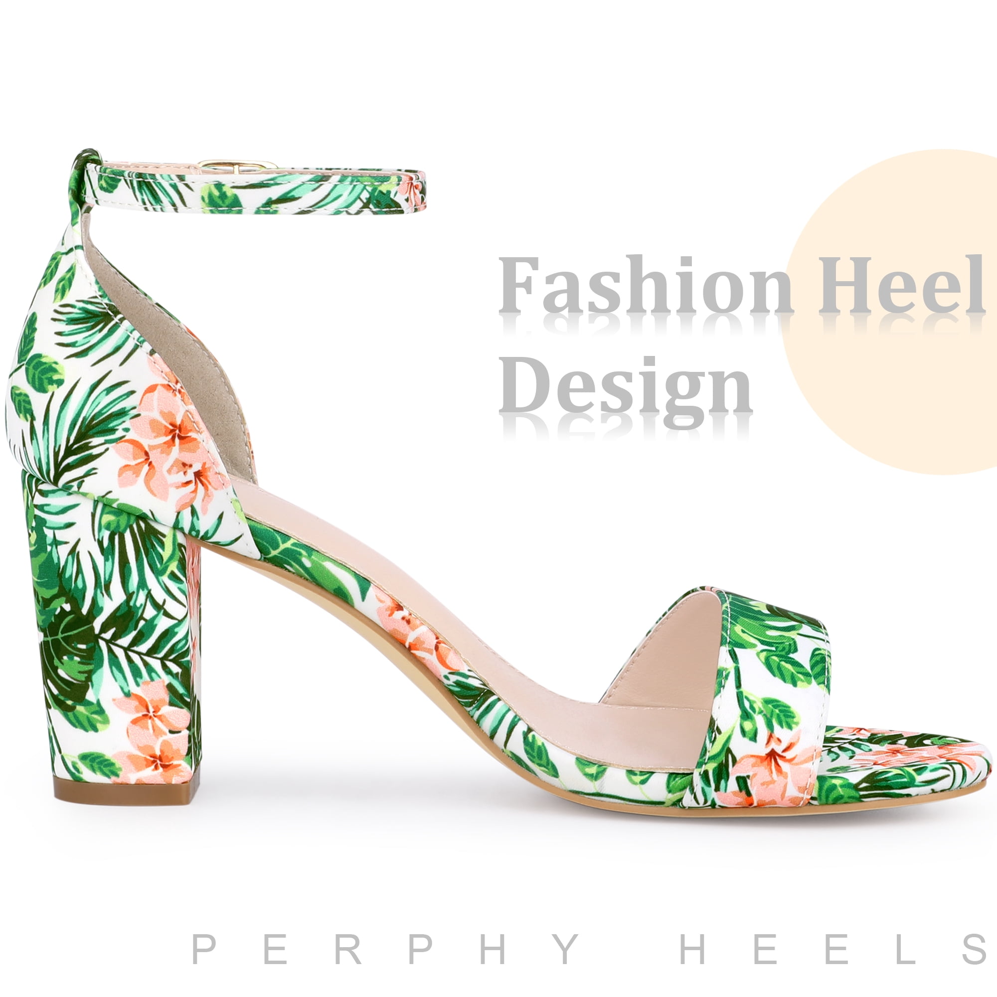 DARING DIVA Women's Floral Open Toe Ankle Strap Chunky Heel Sandals Green 7.5
