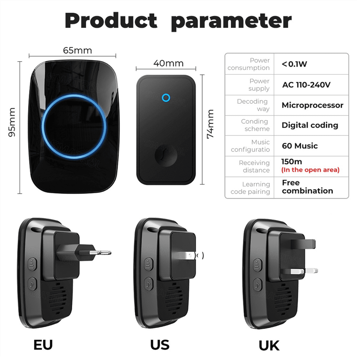 Self Powered Wireless DoorBell No Battery Waterproof Door Bell for Kids Elderly Caller 1 Button 2 Receiver US PLUG