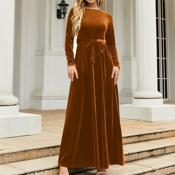 Ayolanni Dresses for Women Plus Size Elegant V-Neck Brown Long Sleeve Solid Maxi Dresses Girls Dresses L