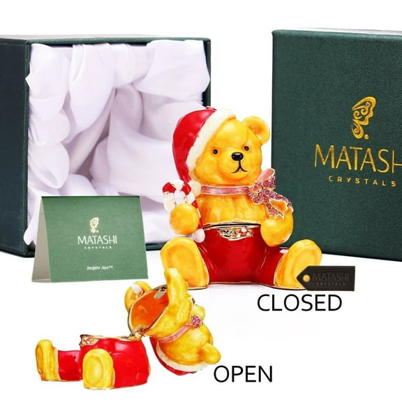 Hand-Painted Candy Cane Christmas Bear Trinket Box Jewelry Holder with Crystals - Home or Office Holiday Decor by