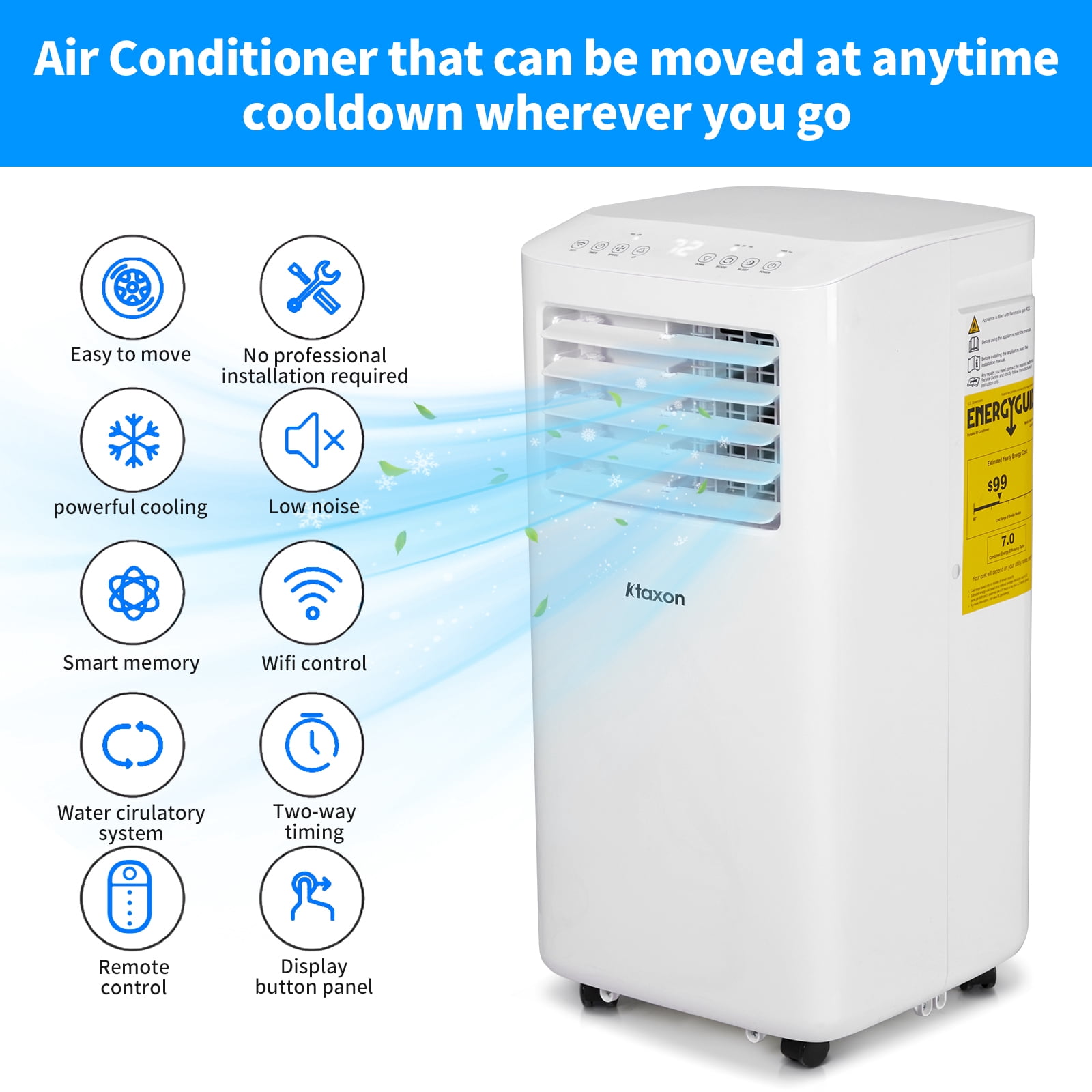 Ktaxon WiFi Enabled 7100BTU (10000BTU ASHRAE) Portable Air Conditioner & Dehumidifier Function With Remote Control & Window Kit