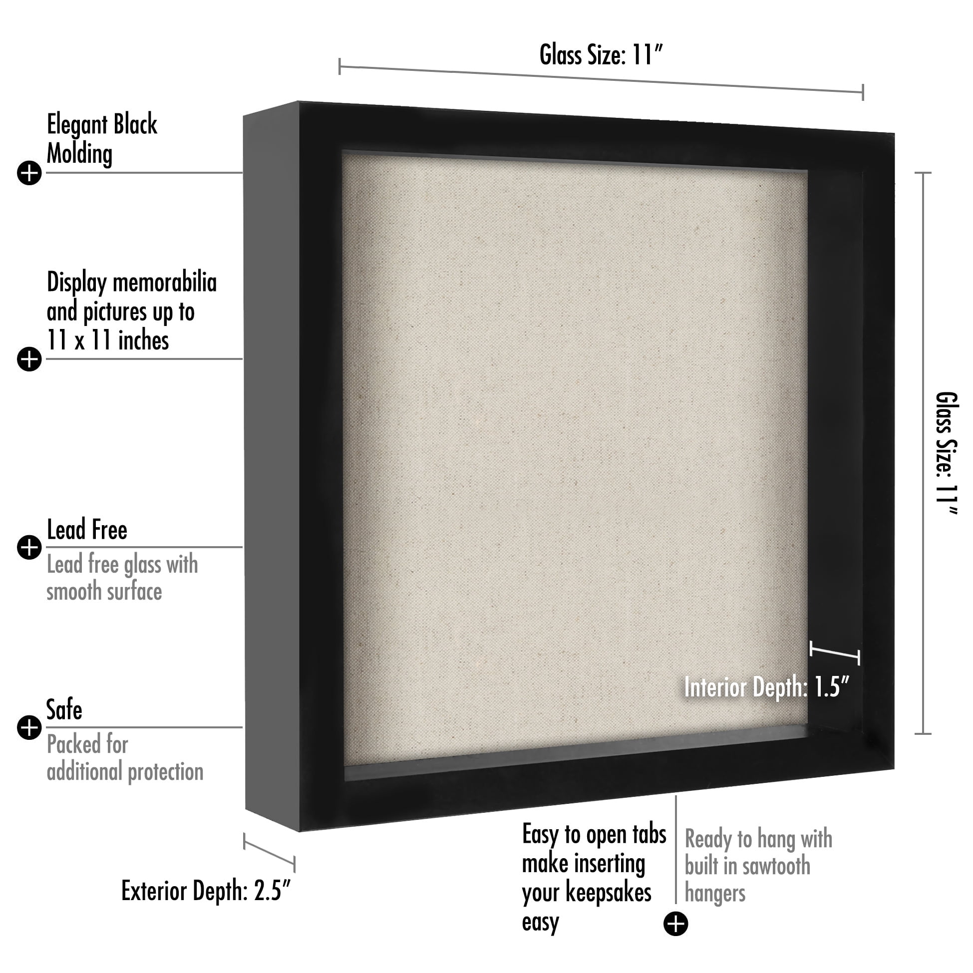 11 x 11 Inches Shadow Box Frame with Soft Linen Back - Display Memorabilia