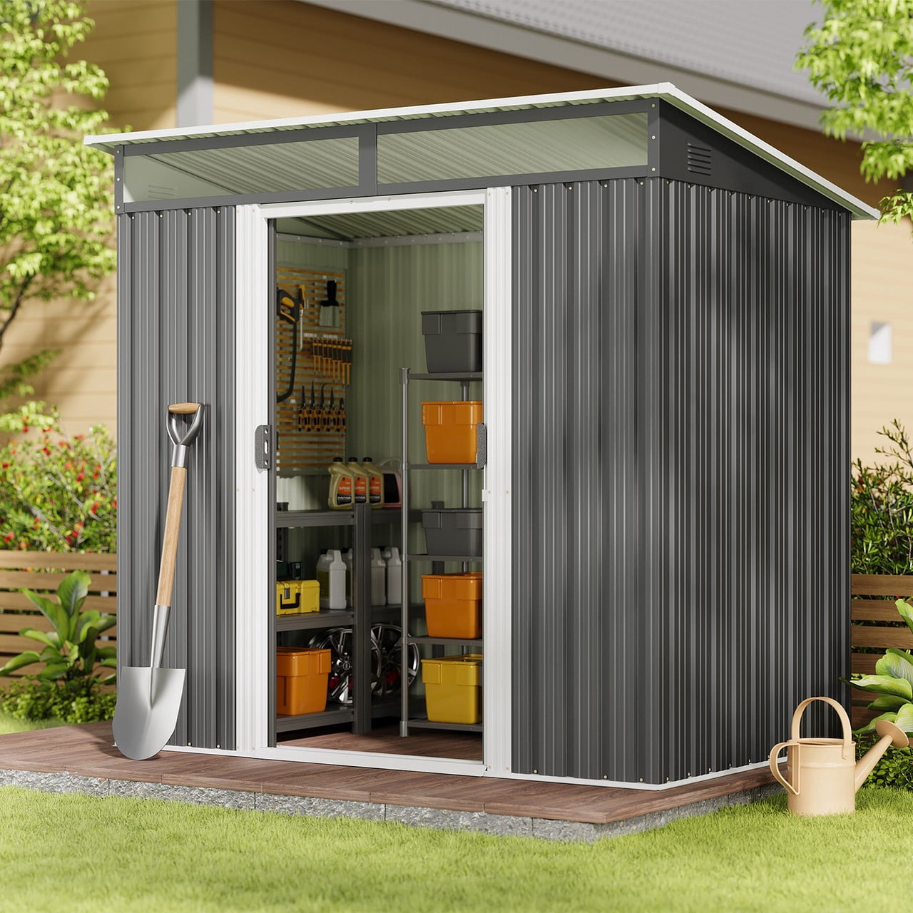 Storage Shed, 6 x 4 FT Outdoor Metal Shed with Double Sliding Lockable Doors, Waterproof Tool House for Garden Backyard, Grey