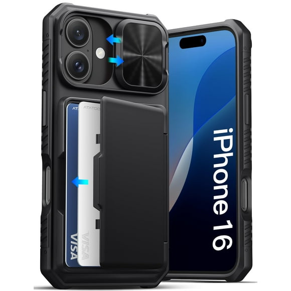 Funda ATATOO para iPhone 16 con tarjetero RFID, color negro