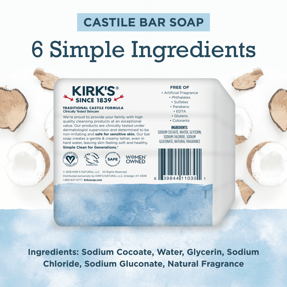 Kirk's Castile Bar Soap - Made With Premium Coconut Oil, Original Fresh Scent, 4 oz. Bars, 4 Pack