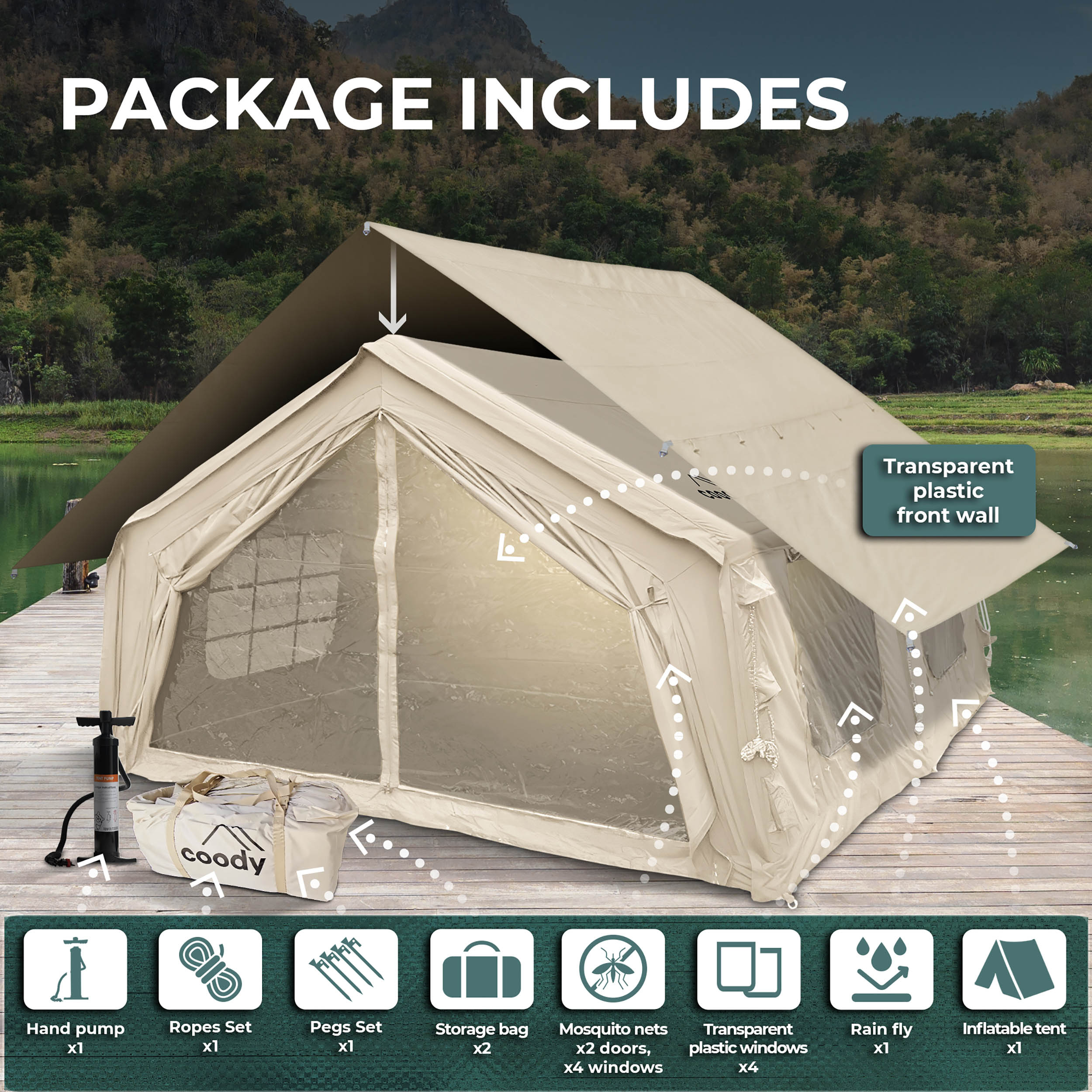 Coody 17.2 (Begie, Large) Inflatable Tents for Camping with Stove Jack, 2-10 Person Luxury Canvas Blow Up Tent, 2 Room, Easy Setup Large Inflatable House with Pump