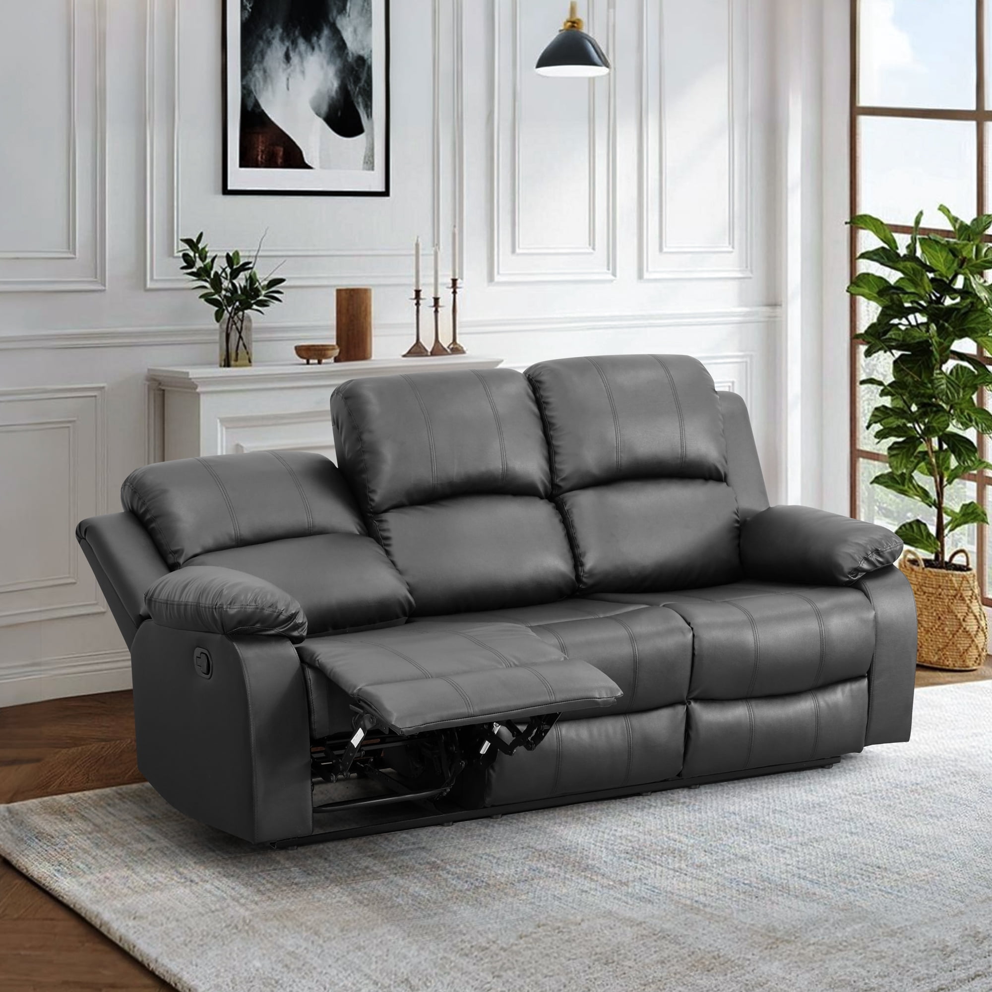 Gewnee Sofa Adjustable Multifunctional Recliner Solid Wood Frame Air Leather Upholstery Living Room Black