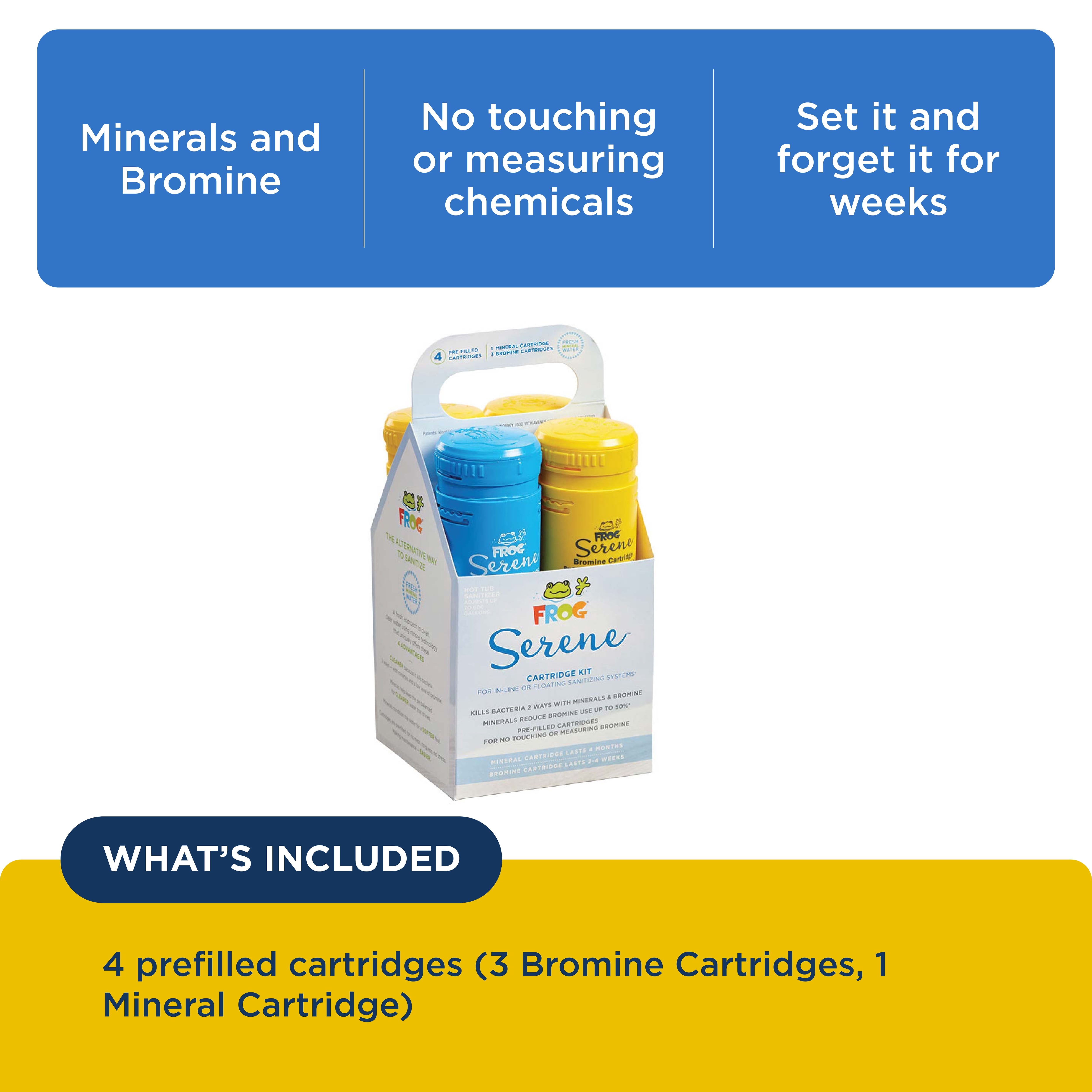 FROG Serene Replacement Mineral Cartridge with 3 Replacement Bromine Cartridges for use with Hot Tub FROG Serene Floating Sanitizing System - Prefilled for Quick & Easy Hot Tub Maintenance