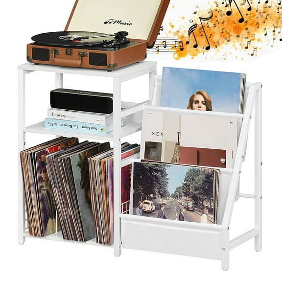 Record Player Stand, Turntables Stand with 3-Tier Vinyl Record Storage Holds up to 150 Albums, Record Player Table for Living Room Office, White