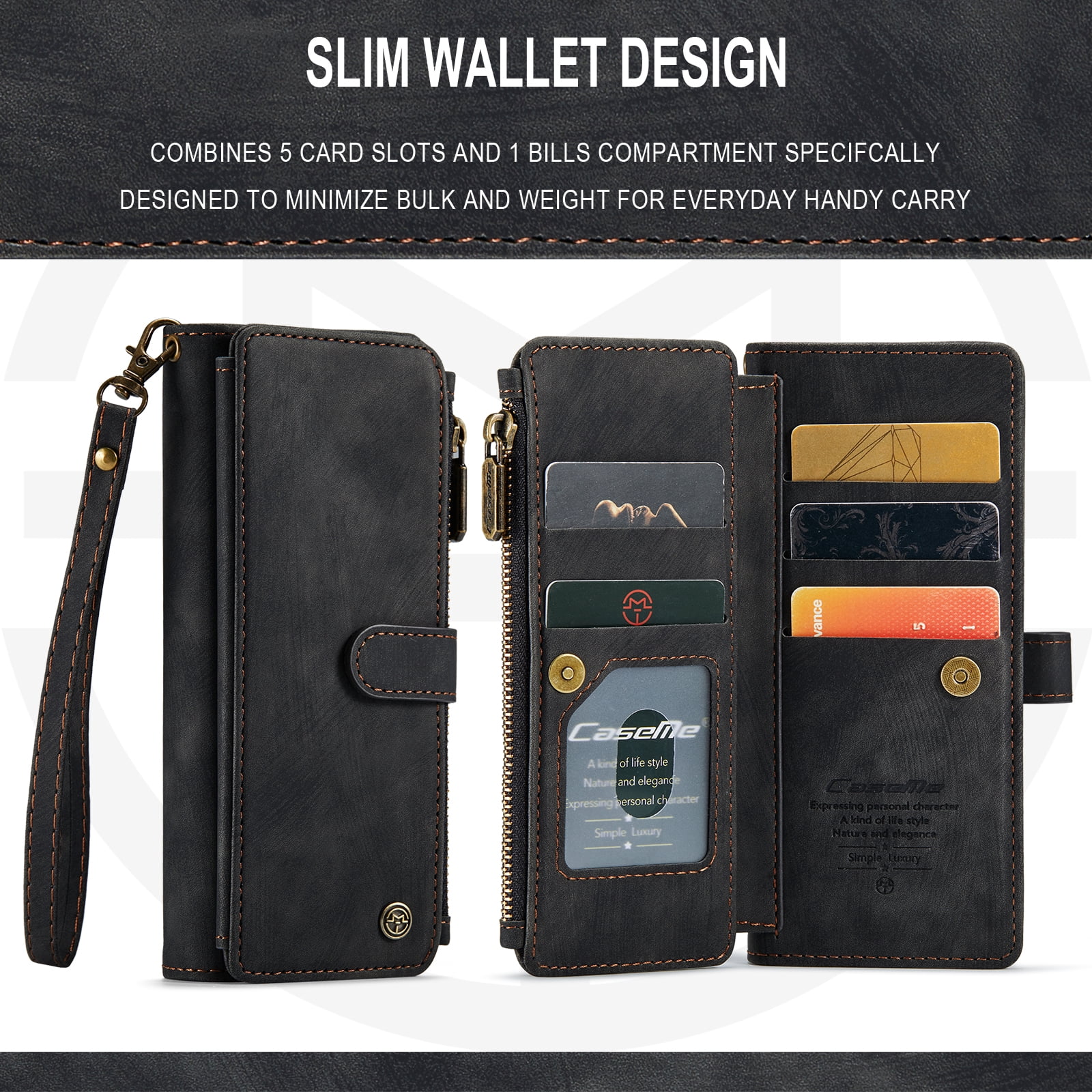 Dteck for Samsung Galaxy Z Fold3 Case, Heavy Duty PU Leather Card Wallet Case with Wrist Strap, Black