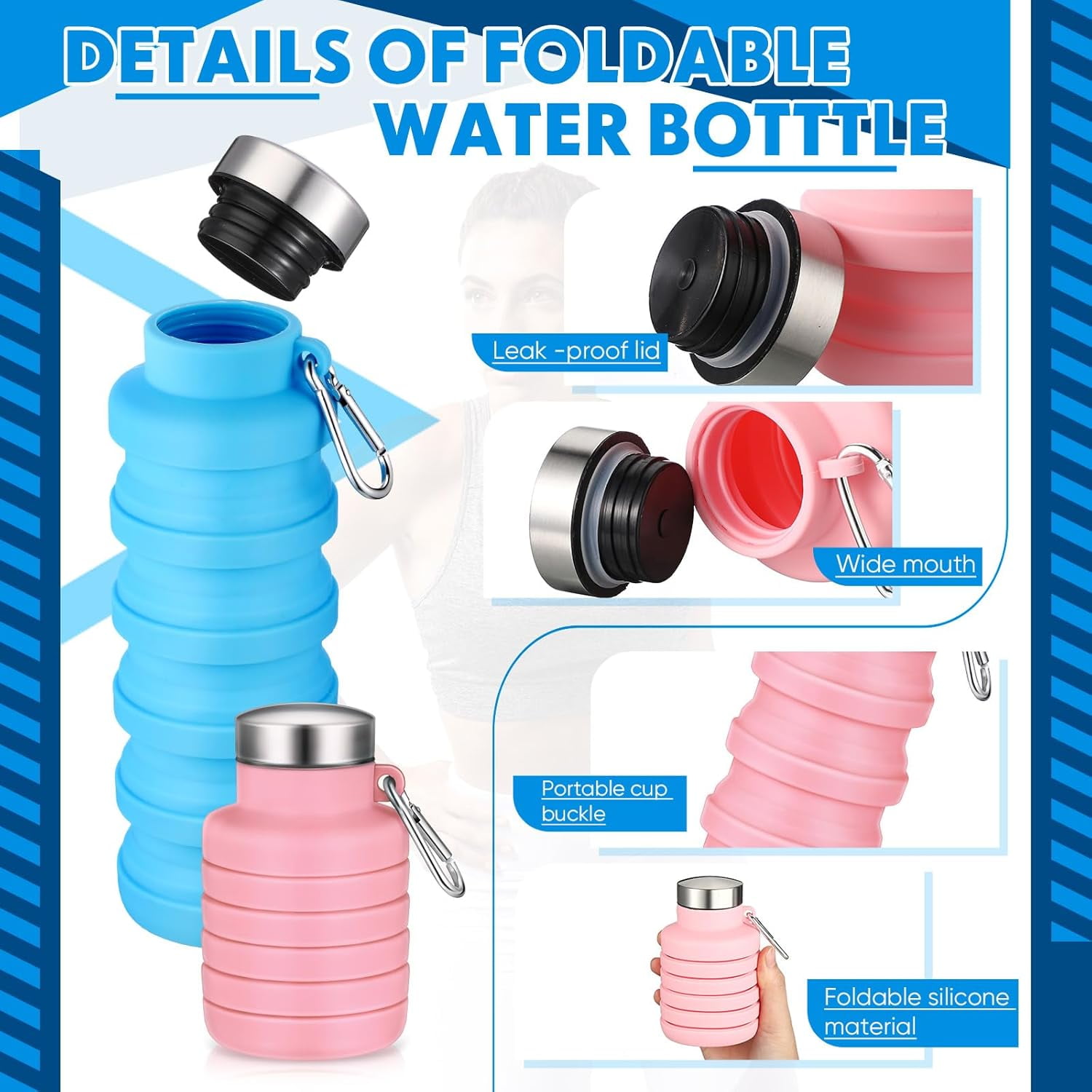 ABCISI 2 Pcs Collapsible Water Bottles, 17oz Silicone Portable Leak-Proof Water Bottle with Buckle, Silicone Lightweight Reusable Travel Water Bottle for Camping Hiking Cycling Sport (Pink, Blue)