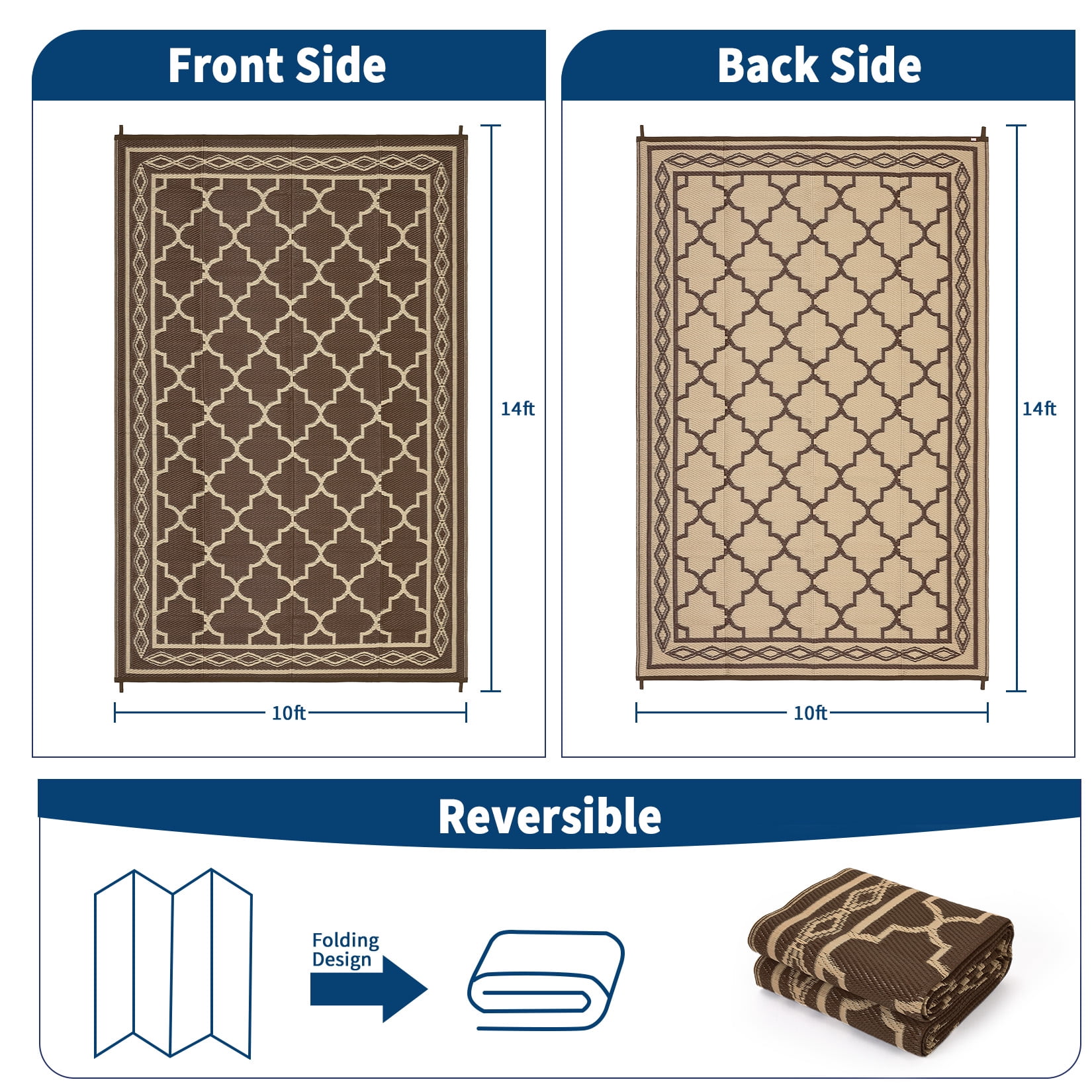 Hasoo 10' x 14' Brown Outdoor Rug for Patio Decor Waterproof Plastic Straw Modern Geometric Carpet PP Tube Woven Portable Camping Mat for Picnic Balcony