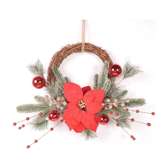 Bcylexb Christmas Rattan Wreaths for Front Door, 13.8" Artificial Poinsettia Wreaths with Red Ball Ornaments Hanging Door Wreath for Wall Window Porch Winter Decor