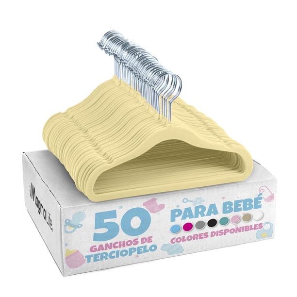 MAGMALIFE 50 Ganchos de Terciopelo para Ropa de Bebe, Gancho Plateado Giratorio de 360 Grados, Adecuado para Todo Tipo de Ropa, Antideslizante, 29 cm de Largo (Crema)