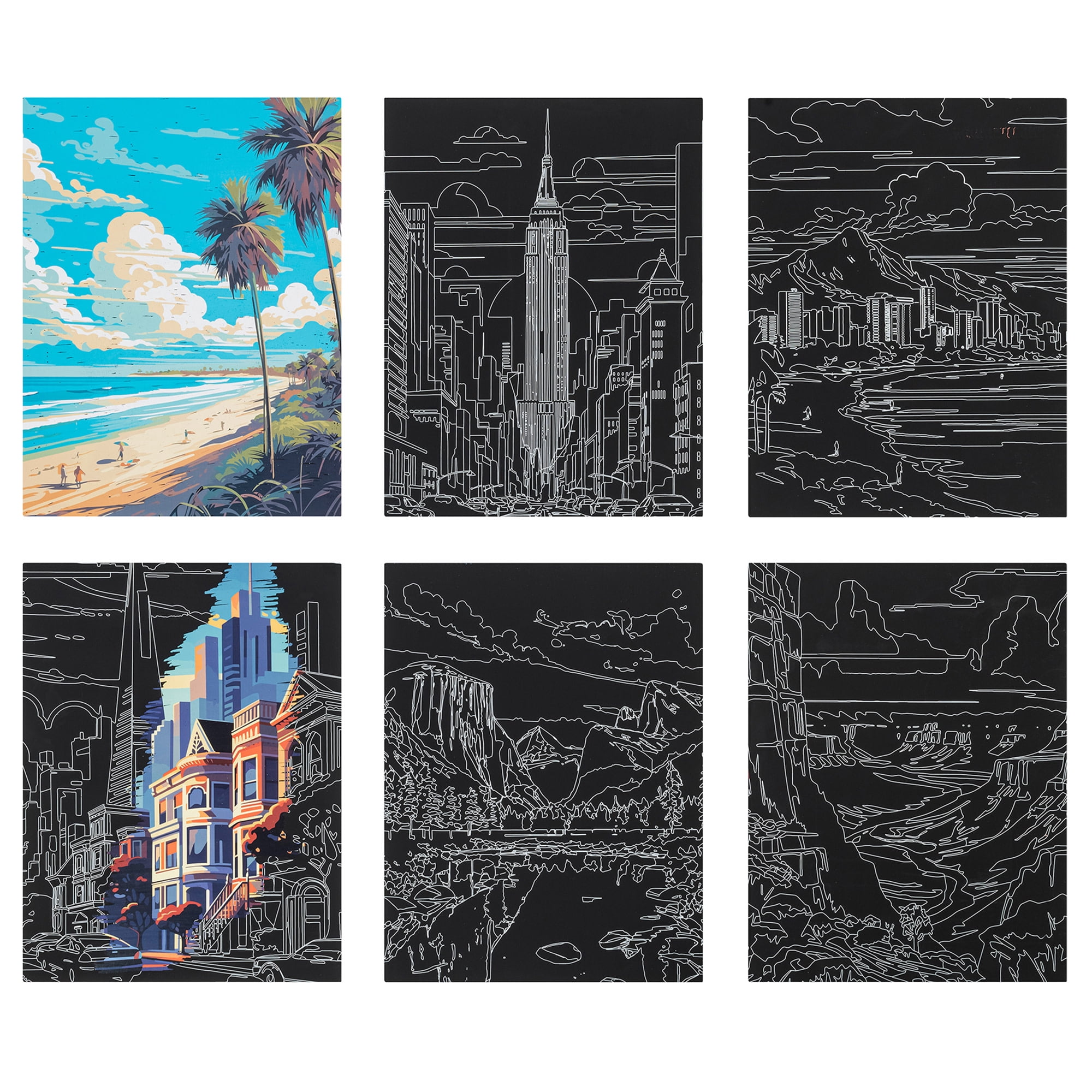 Brea Reese: Scratch Art Paper Pad - Destinations - 6 Designs, Metallic Guided Art, Dual-Tip Stylus & Brush, Easy-to-Frame 9x12" Pages, Adult Craft Kit