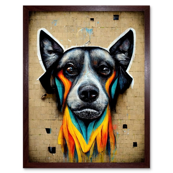 Graffiti Street Art Dog Mural Yellow Orange Teal Art Print Framed Poster Wall Decor 12x16 inch