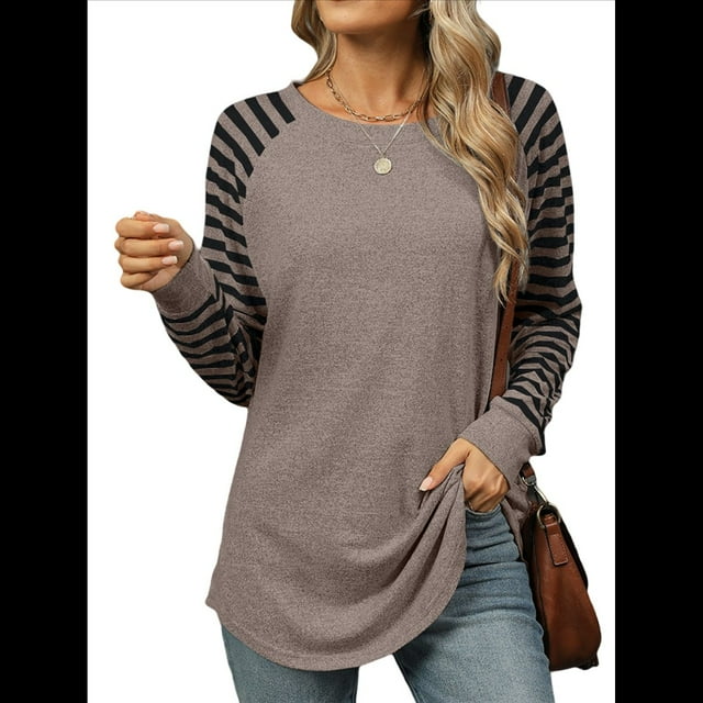 Blusas Tipo Túnica A Rayas para Mujer, Camisas Casuales de Larga, Jersey de Cuello Redondo. Color Café L