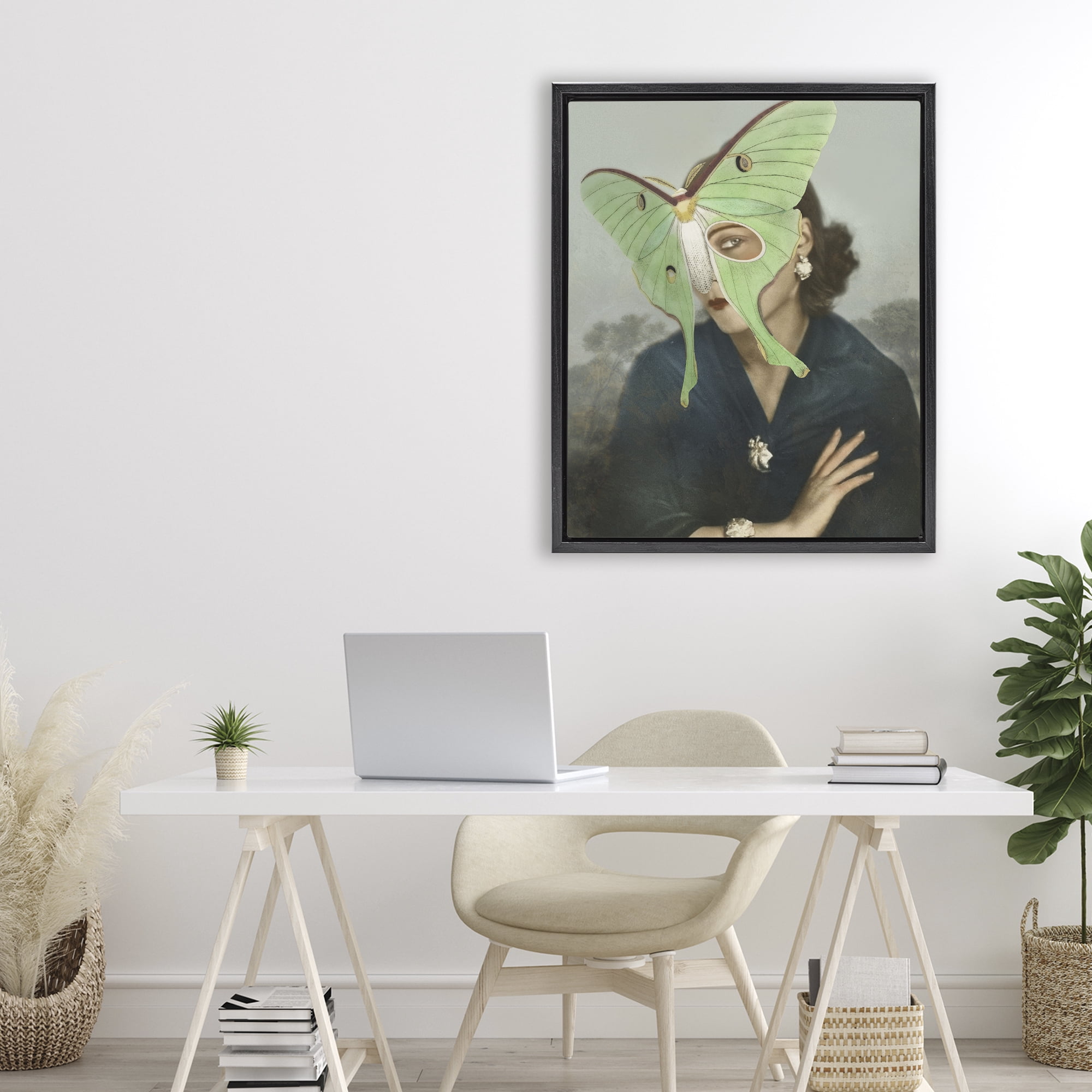 Stupell Industries Naturalist Portrait with Moth Black Framed Floater Canvas Wall Art, design by Victoria Barnes