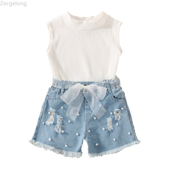 Zecgelong Toddler Kids Baby Girl Sleeveless Vest Ribbed T Shirt Tops Denim Ripped Jeans Shorts 2pcs Set Summer Outfits Girls 3 Piece Sets Age 18-24 Months