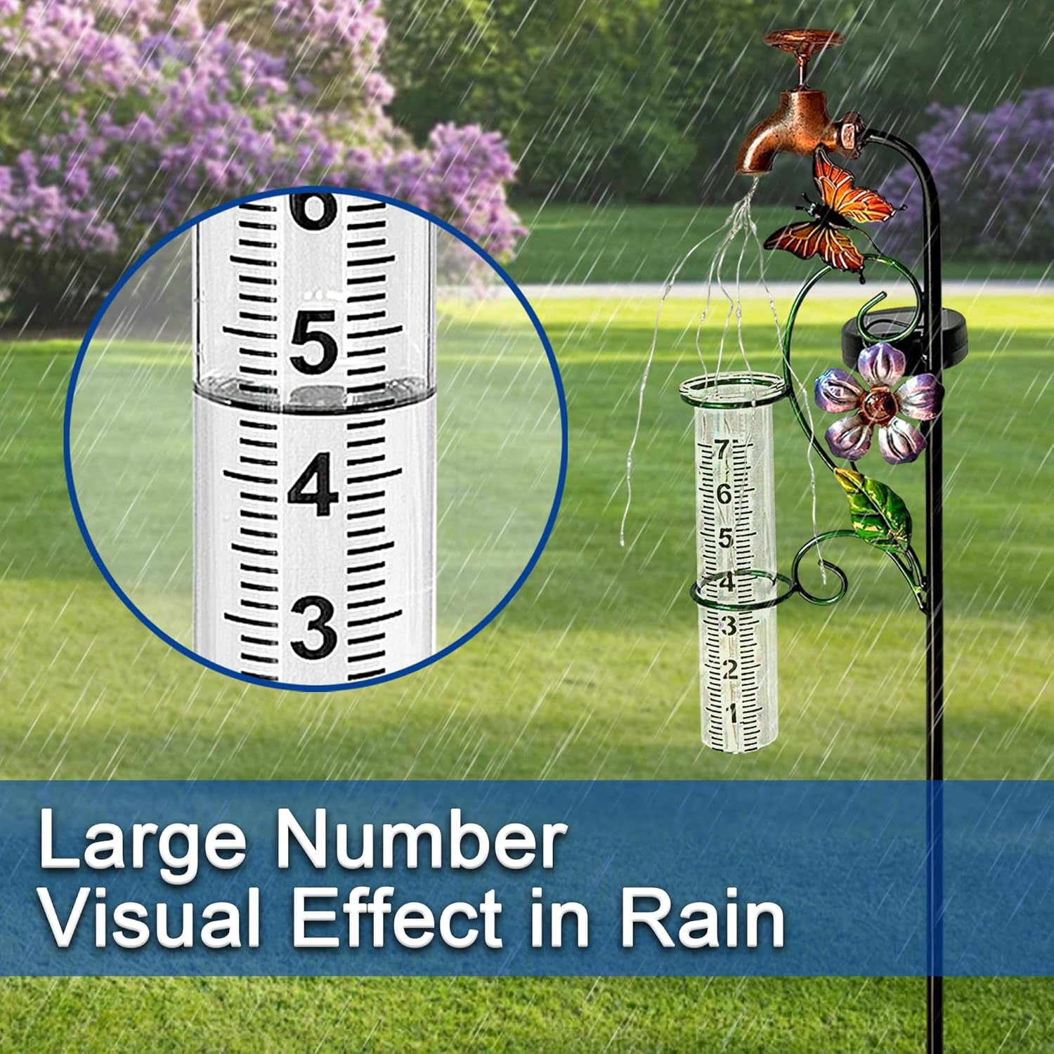 32" Garden Rain Gauge with Thermometer - 7" Glass Tube for Outdoor Indoor Use, Patio Yard Decor Statue