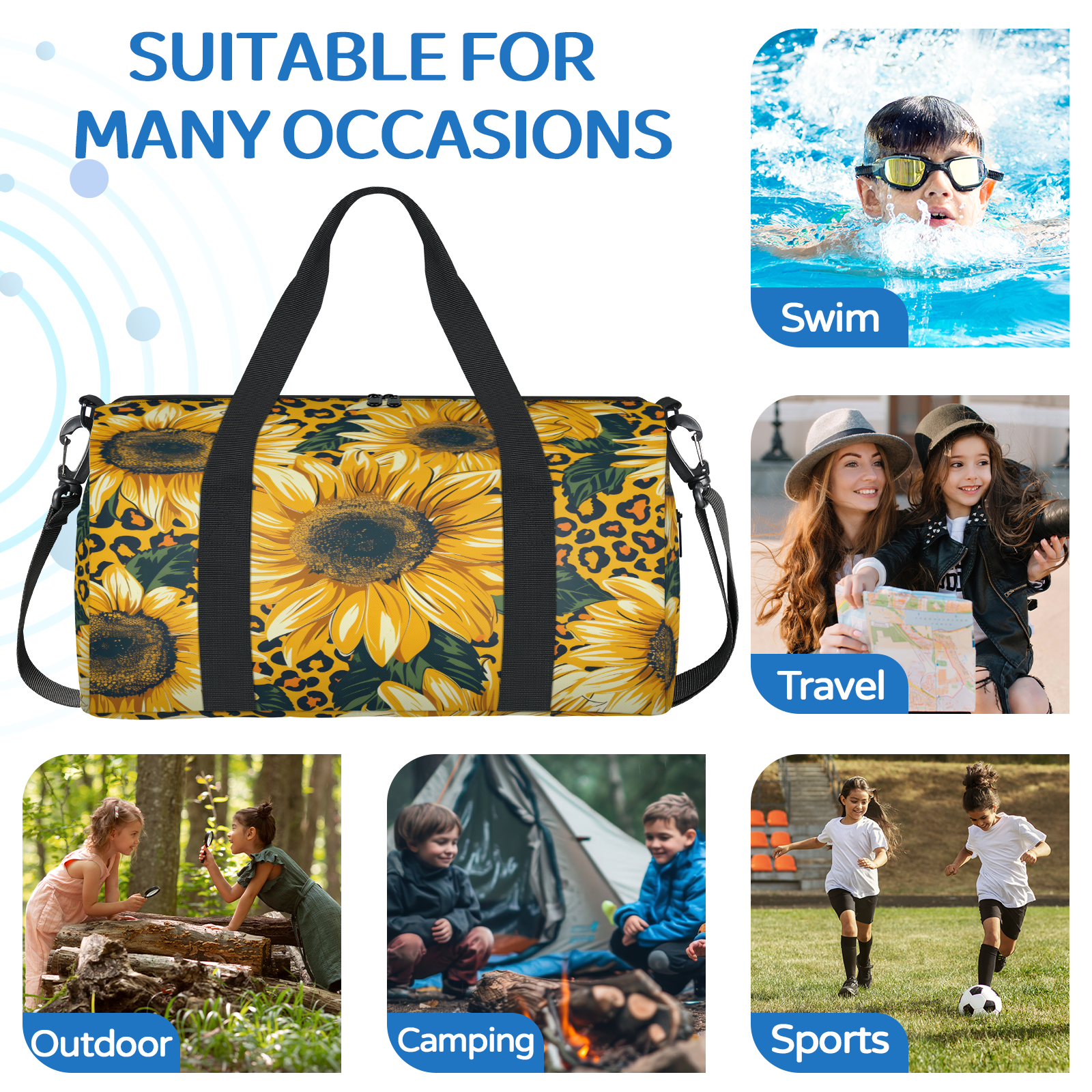 Herdesigns Leopard Print Sunflower Gym Bag for Women, Duffle Bag for Travel Sport, Floral Print Lightweight Waterproof Carry on Weekender Dance Yoga Workout Bags