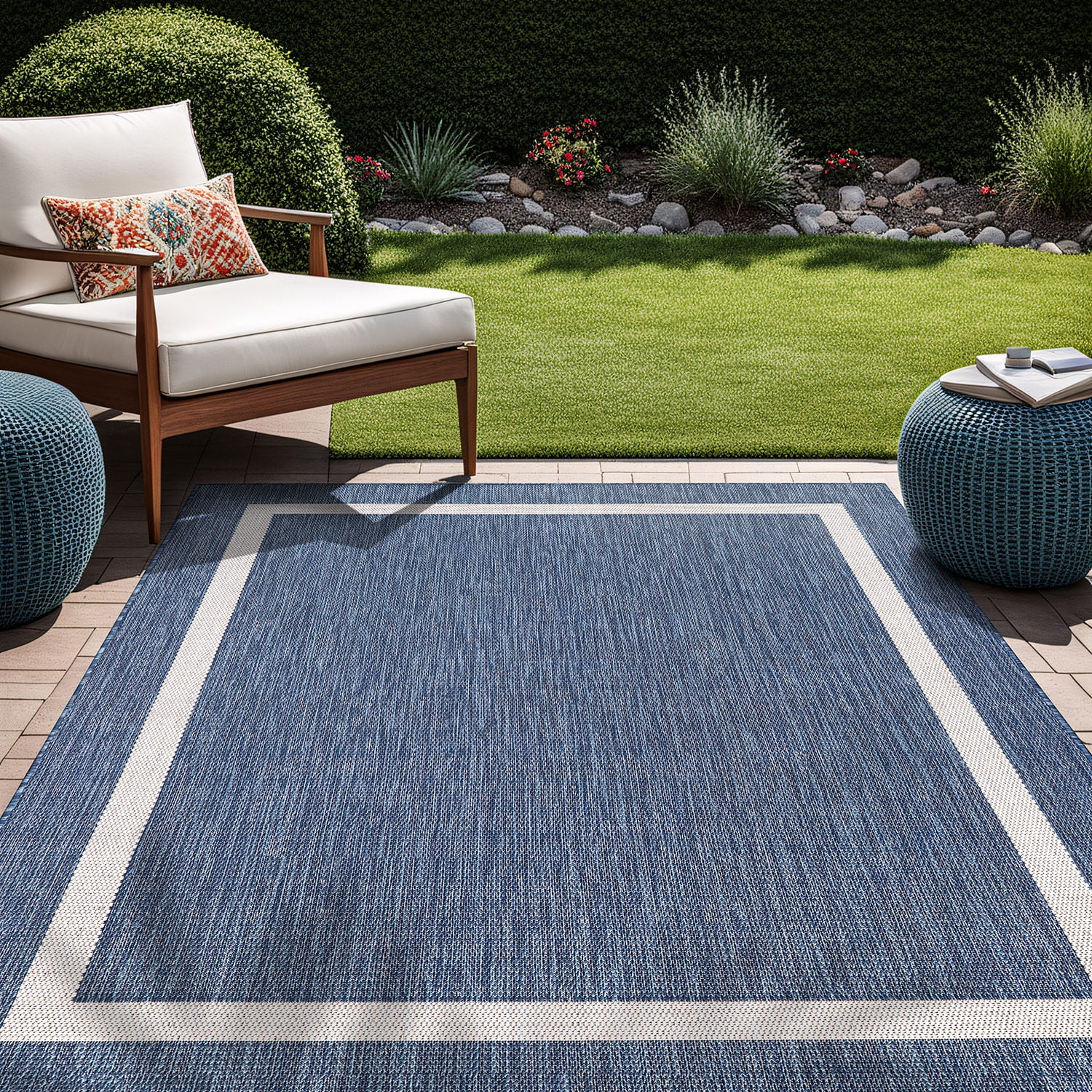 Beverly Rug Indoor/Outdoor Area Rugs, Bordered Patio Porch Garden Carpet, Blue and White, 8'x10'