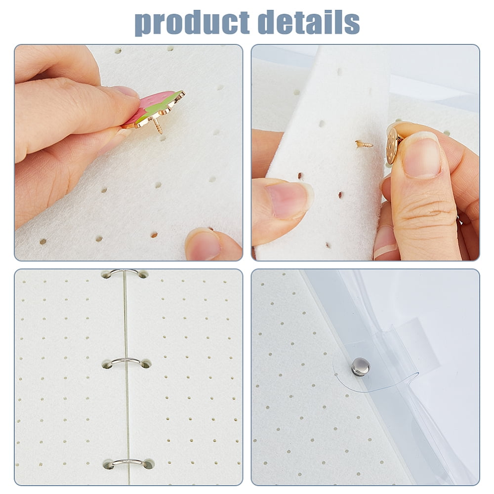 6 Pages Felt Brooches Collection Binder Book with Rectangle PVC Binder Cover and Iron Binder Rings White 31.7x25.8x3.1cm