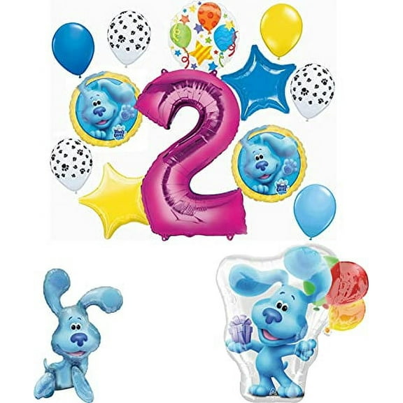 Blue's Clues 2nd Birthday Party Supplies Blue the Dog Table Topper Balloon Bouquet Decorations Pink Number 2
