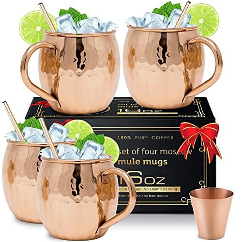 Moscow Mule Copper Mugs Set of 4, 16oz HandCrafted Copper Mugs Cups with Copper Straws and Mini Glass