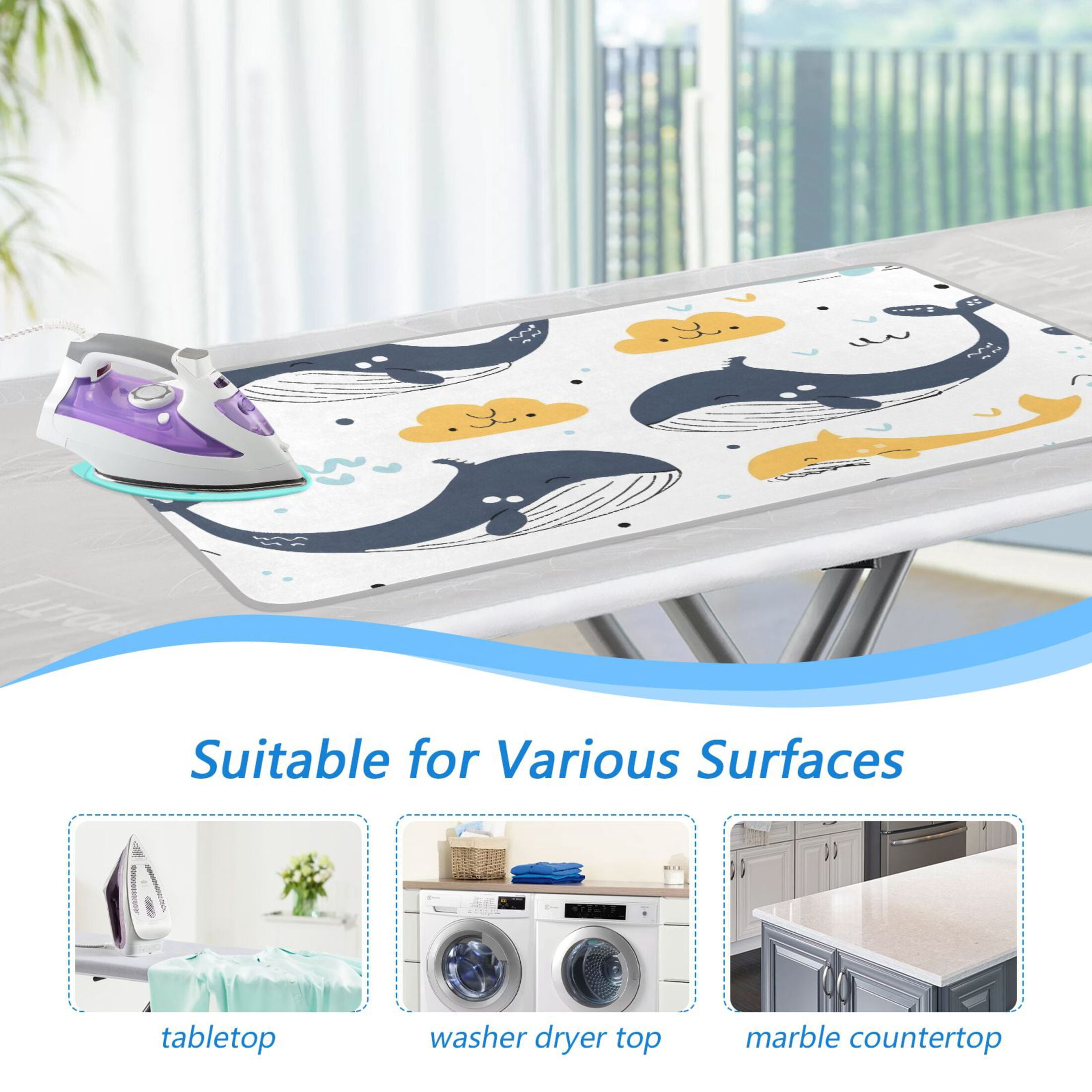 Hand Painted Whales Clouds Waves Ironing Mat Blanket Portable Travel Ironing Pad Heat Resistant Pad 47.2" x 27.6”