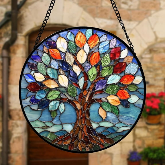 Stained Glass Window Hanging 7.9 in, Colorful Blue Tree of Life Sun Catcher Panel Decor for Birthday for Women Men Wife Aunt and Mom