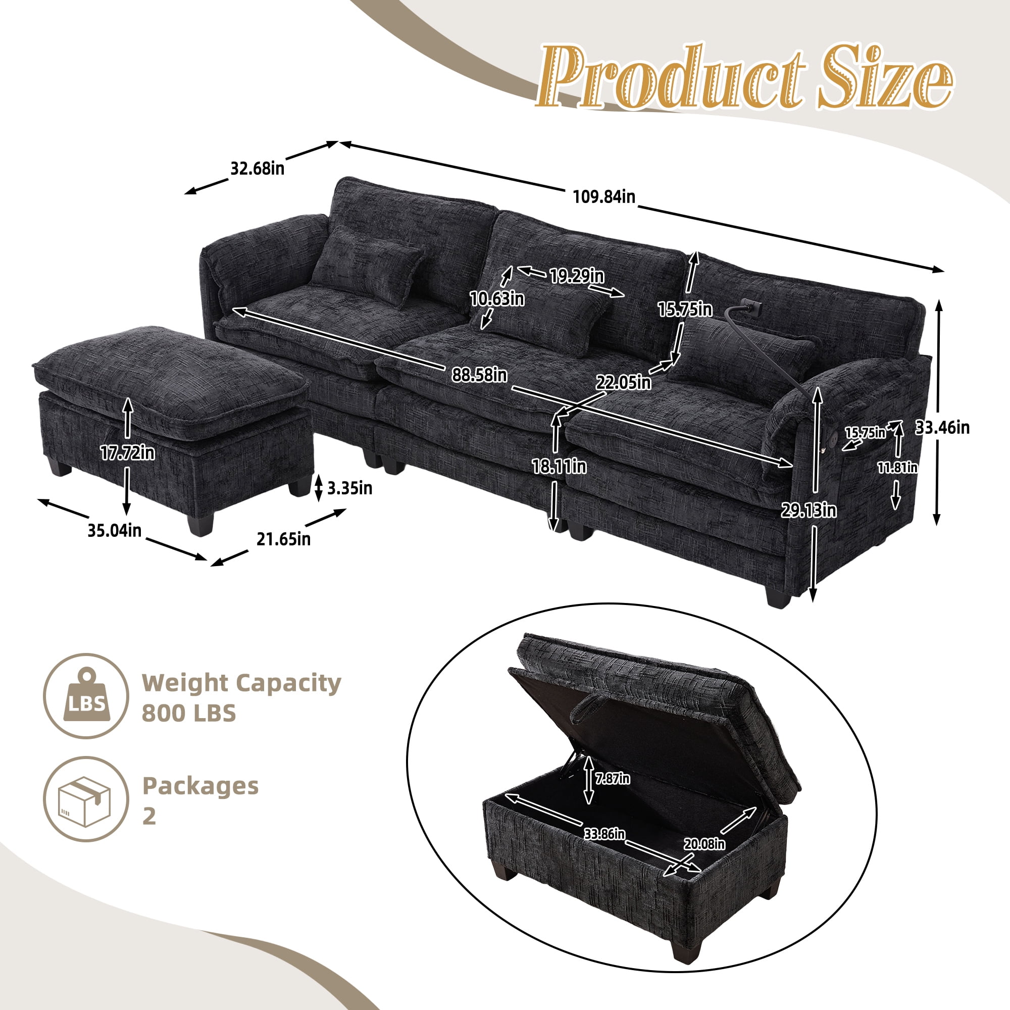 MOONMISS Chenille Upholstered L-shaped Modular Sectional Sleeper Sofa with Movable Storage Ottoman,USB&TYPE-C-Black