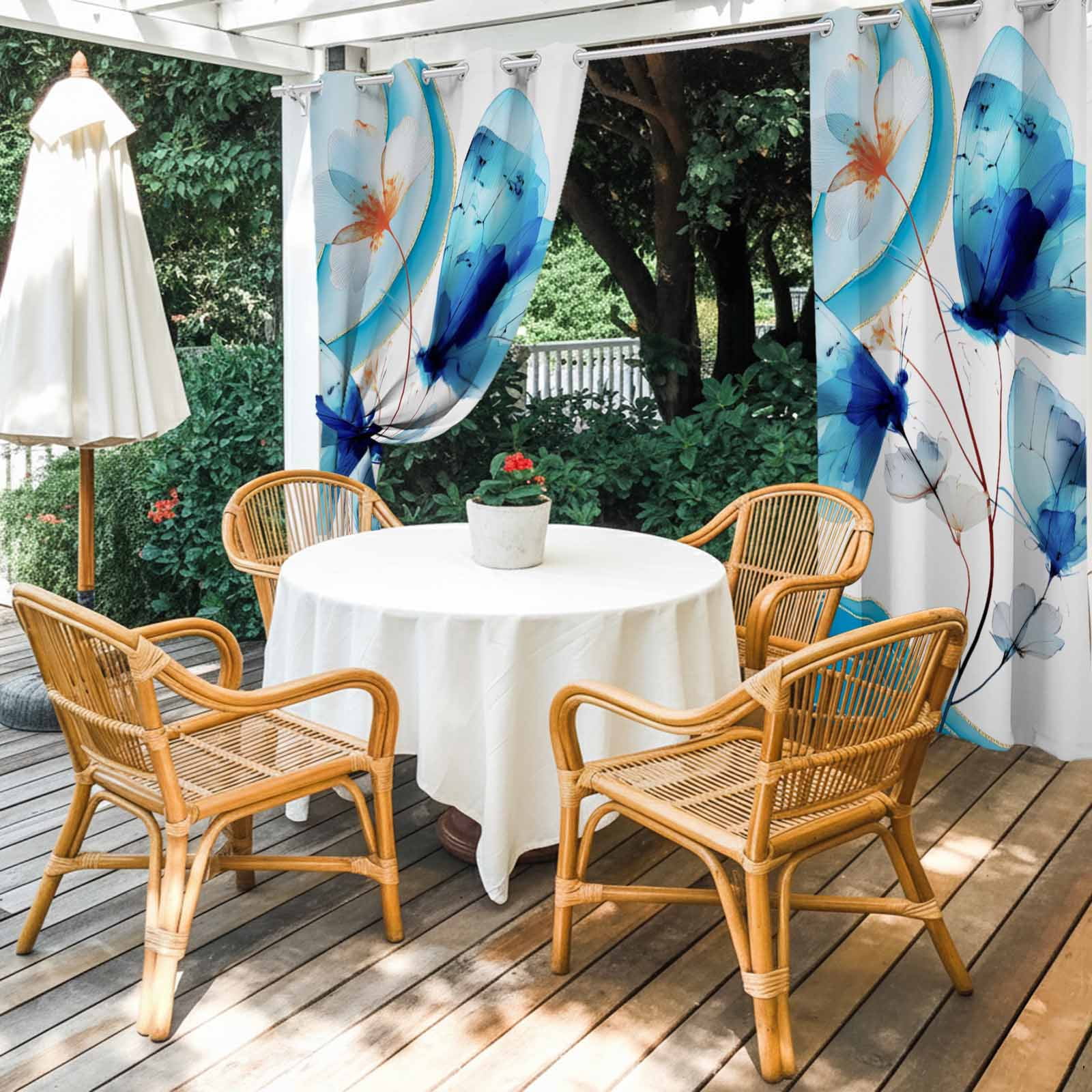 Blue Butterfly Outdoor Curtains for Patio, Watercolor White Flowers Ocean Wave Modern Sunshade Privacy Drapes Grommet Waterproof Outside Curtains for Porch/Cabana/Balcony 54"x 108", 1 Panel