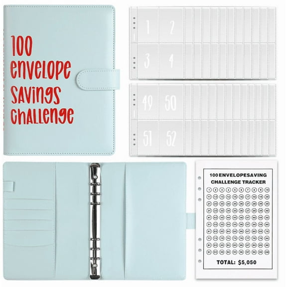 PandaTop 100 Envelopes Money Saving Challenge Binder, Blue Savings Challenges Book with Envelopes, Savings Binder Budget Binder with Cash Envelopes to Save $5050