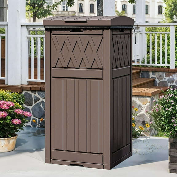 Uforic 36 Gal Outdoor Trash Can,Waterproof Resin Garbage Bin with Fabric Bag, Tiered Lid & Drip Tray, for Patio,  Backyard, Dark Brown