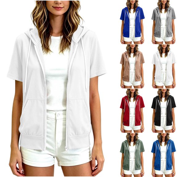 Iroehba Womens Tops Short Sleeve Zip Up Hooded Jacket with Pockets Solid Color Summer Casual Outerwear, a Stylish Choice for Everyday Wear