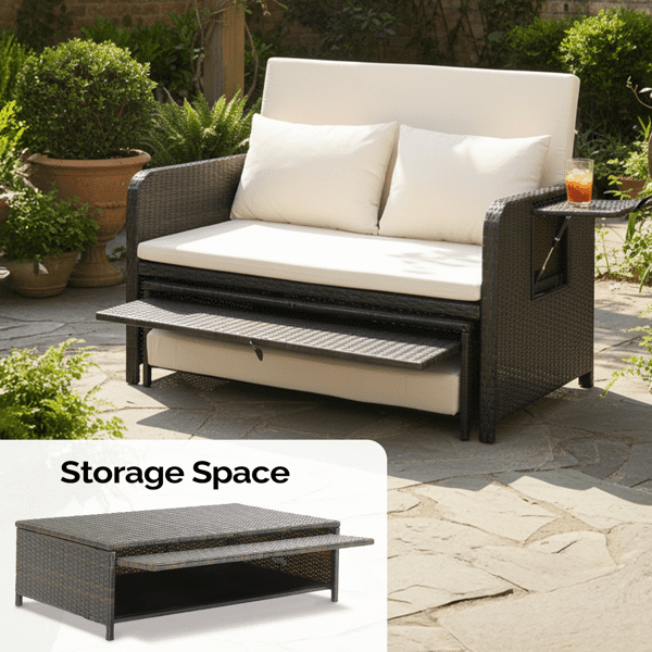 Patio Rattan Daybed Set, 2-in-1 Wicker Loveseat Sofa with Multipurpose Ottoman & Retractable Side Tray, 5-Level Adjustable Backrest, Footstool with Storage, Seat & Back Cushion Included, Brown