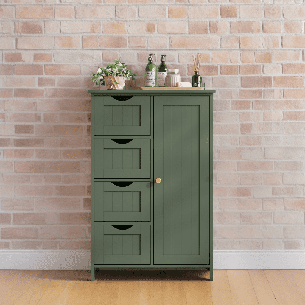 LEDREM Bathroom Floor Cabinet, Wooden Freestanding Side Storage Organizer with 4 Drawers and Adjustable Shelves for Bathroom, Forest Green