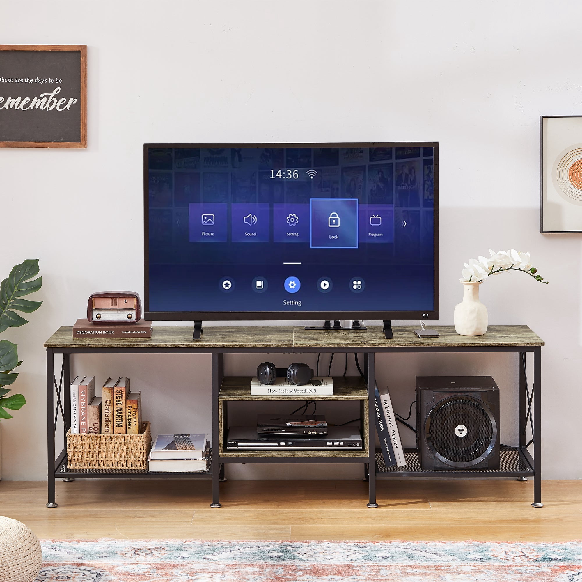 VECELO TV Stand with Power Outlets for TV up to 70 inch, Entertainment Center with USB Charging Station, Modern Industrial TV Console with Open Storage Shelves for Living Room & Bedroom, Gray