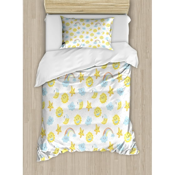 Kids Duvet Cover Set Happy Smiling Moon And Stars Good Morning Night Rainbows Funny Clouds Decorative Bedding With Pillow Shams Yellow Baby