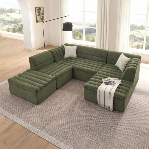 EPOWP 135'' Cloud Sectional Boneless Couches for Living Room, Modular Sectional Sofa with Deep Seat and Movable Ottoman, Memory Foam Compressed Spineless 5 Seater Sofa for Bedroom Apartment