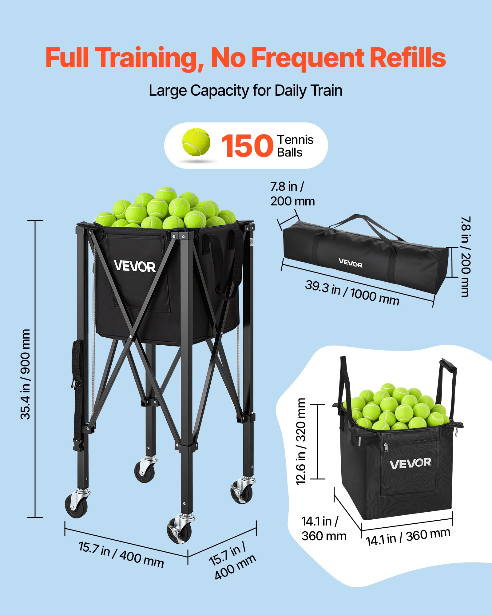 VEVOR Tennis Ball Hopper, Holds 150 Tennis Balls, Foldable Pickleball Basket Cart with Wheels for Easy Pick Up, Lightweight Aluminum Alloy, Portable Pickleball Caddy with Storage Bag, for Training