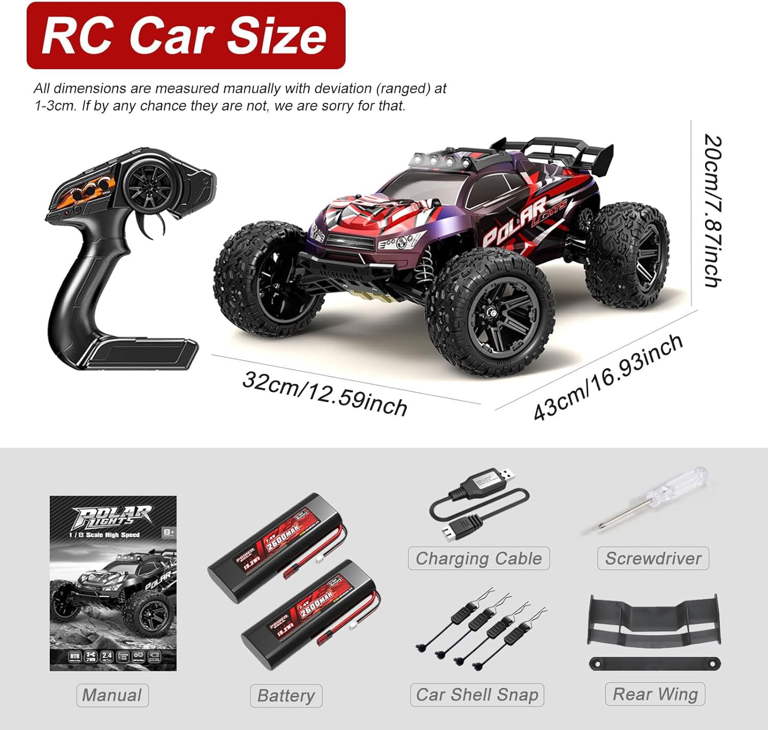 1:10 Large Rc Cars,18-Inch Remote Control Car Trucks with Lights,45+KM/H RC Off-Road Electric Truck, Includes 2 Rechargeable 2600mAh Batteries, Rc Cars for Adults & Boys