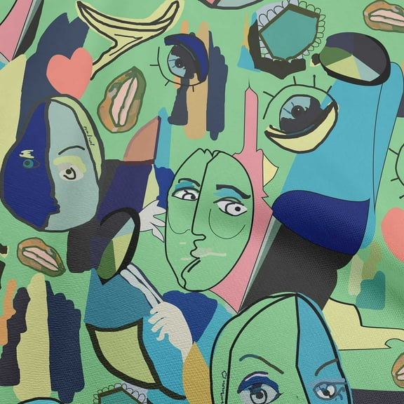 oneOone Polyester Spandex Sea Green Fabric Abstract Comic Face Dress Material Fabric Print Fabric By The Yard 56 Inch Wide