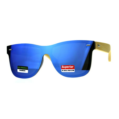 Mens Bamboo Wood Arm Shield Color Mirror Lens Sunglasses Blue