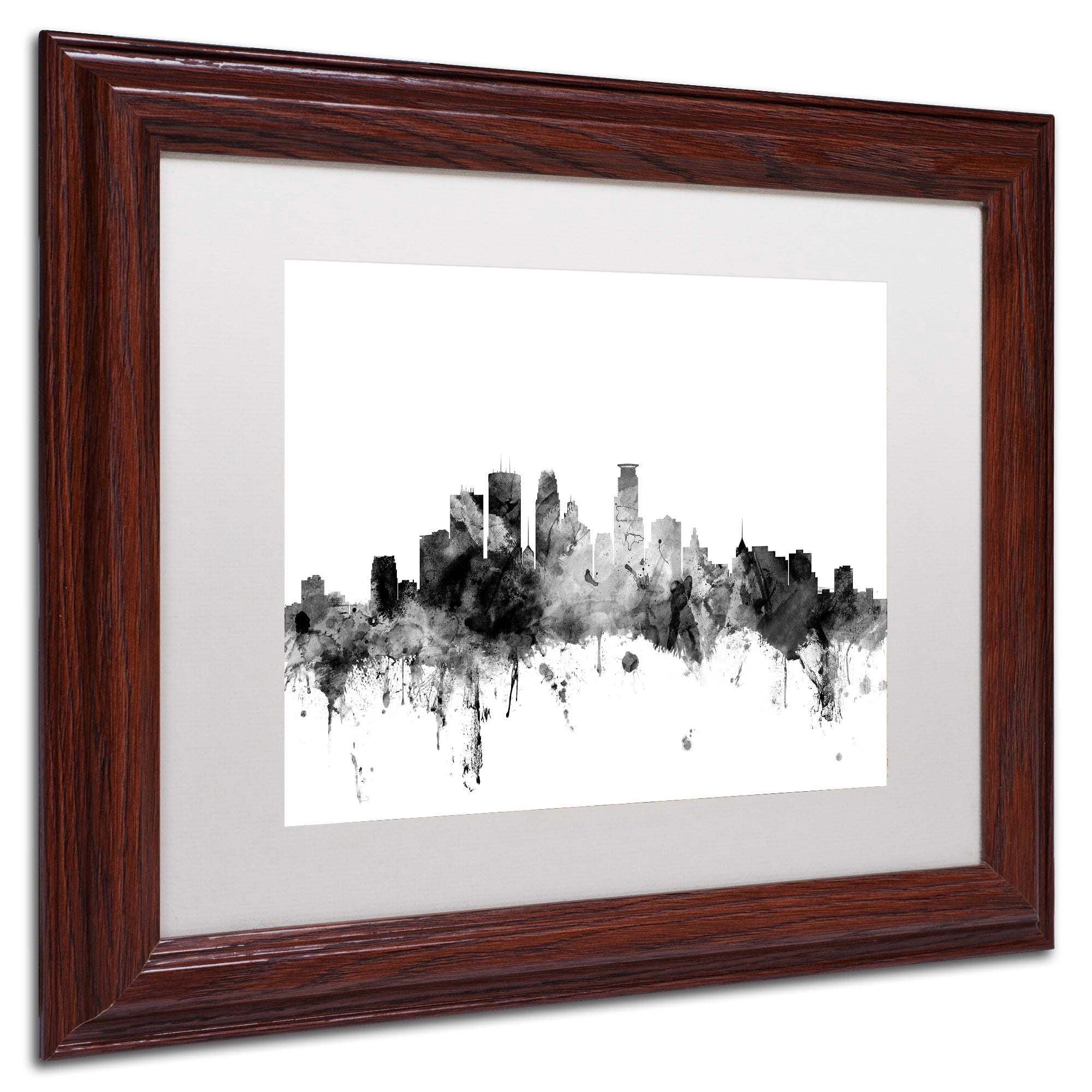 Trademark Fine Art "Minneapolis MN Skyline B&W" Canvas Art by Michael Tompsett, White Matte, Wood Frame