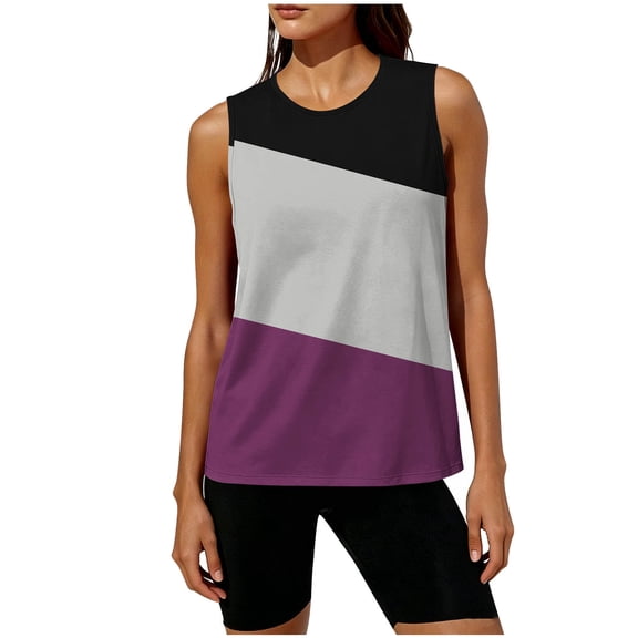 Fewfanhot Women's Color Block Sleeveless Workout Tank Top, Round Neck Athletic Blouse, Quick Dry Casual Camisole, S-5XL